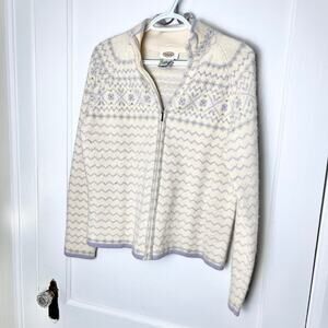 Vintage Talbots Fair Isle Lambs Wool Angora Cream Ivory Purple Zip Sweater M